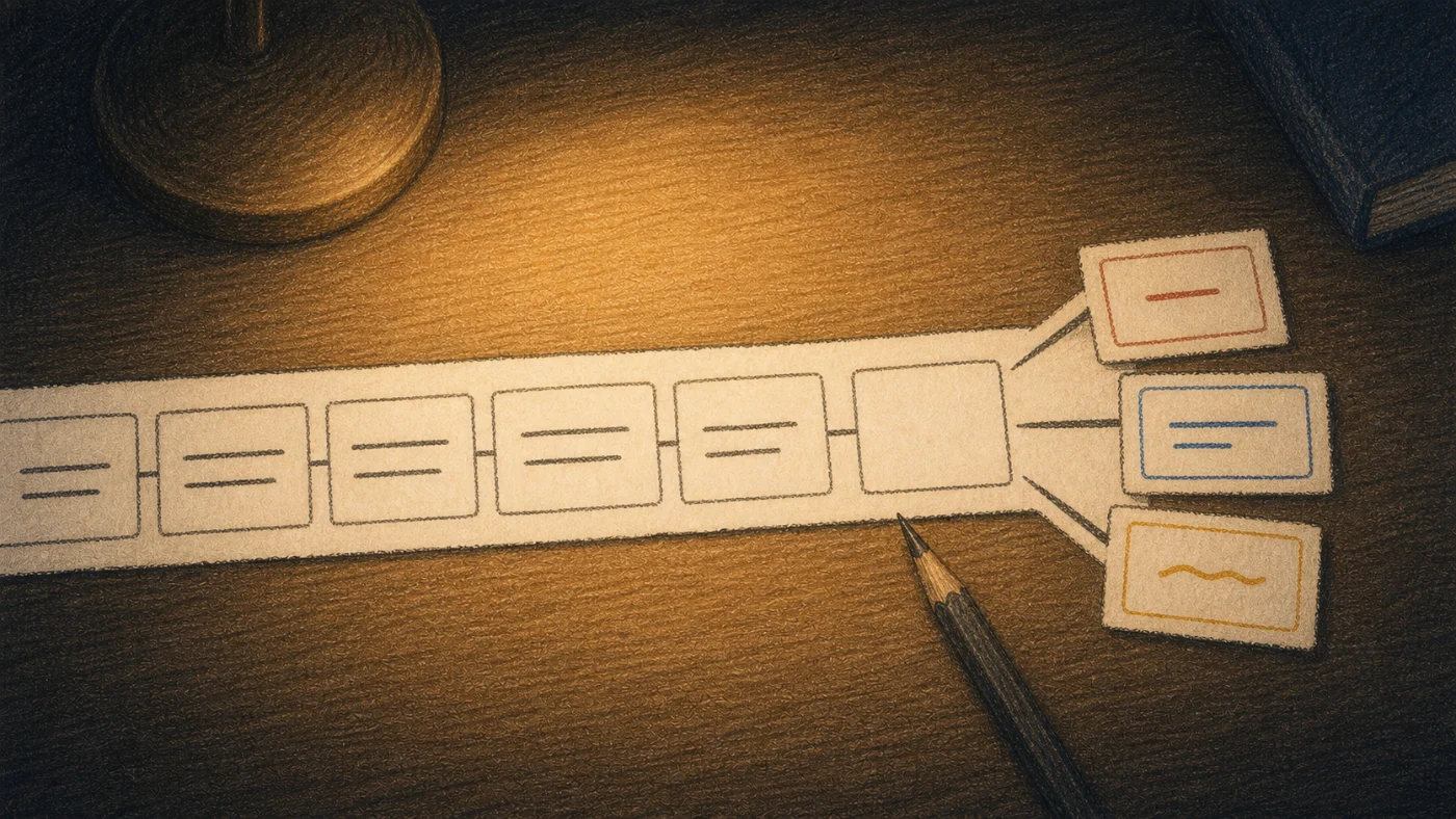 文章の続きを三つの候補から予測する仕組みを紙片で表したイラスト