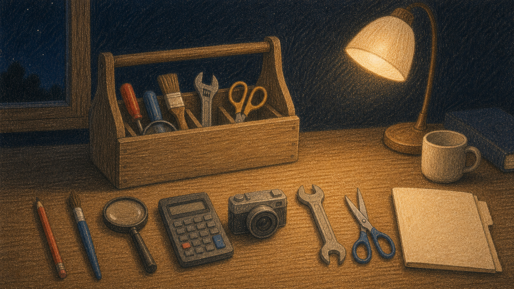 用途の異なる道具を優劣なく机に並べたイラスト