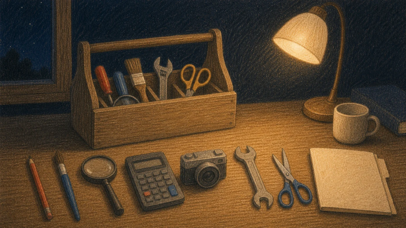用途の異なる道具を優劣なく机に並べたイラスト