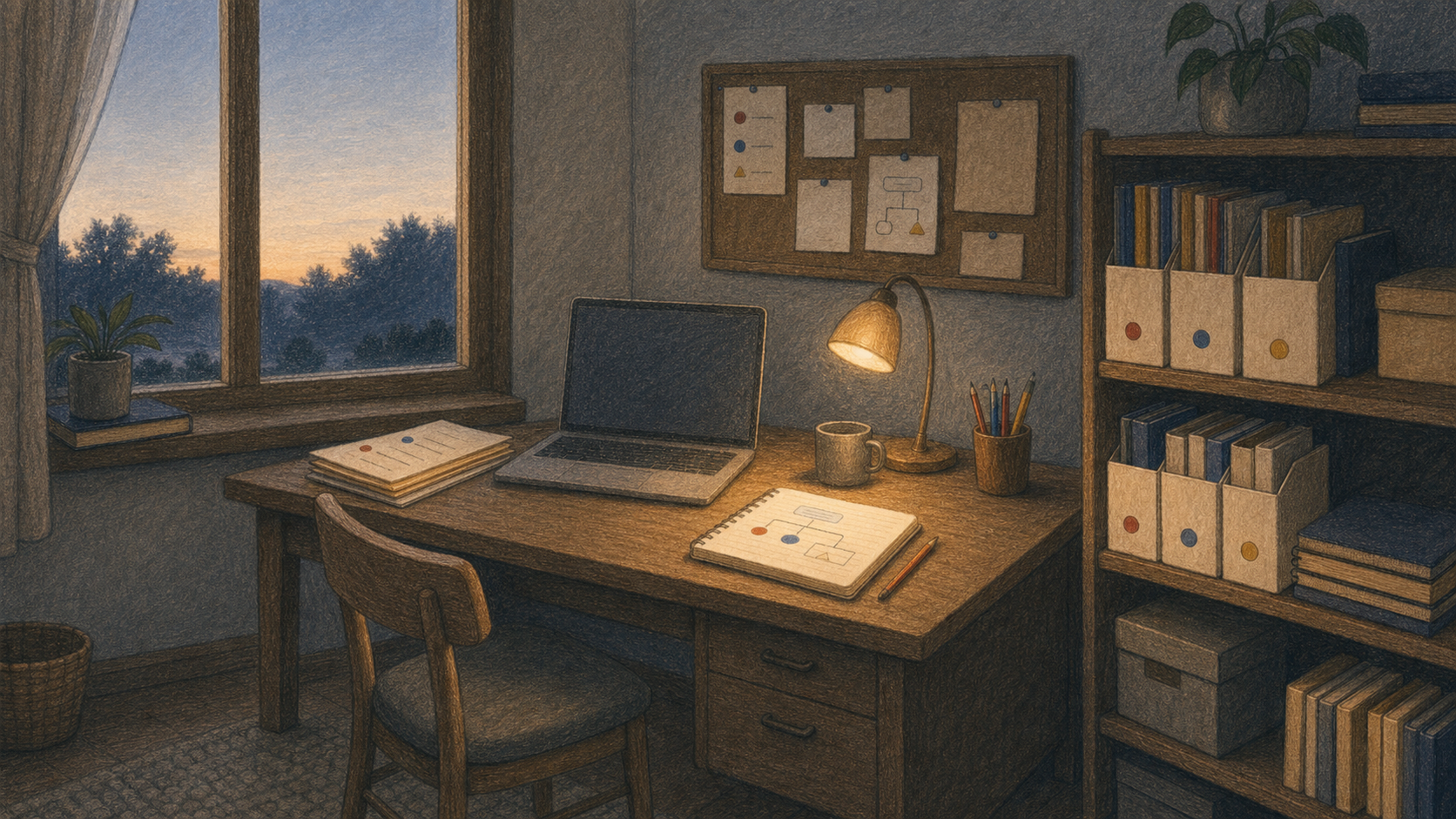 考えや資料が静かに蓄積されていく夜明けのAI工房のイラスト