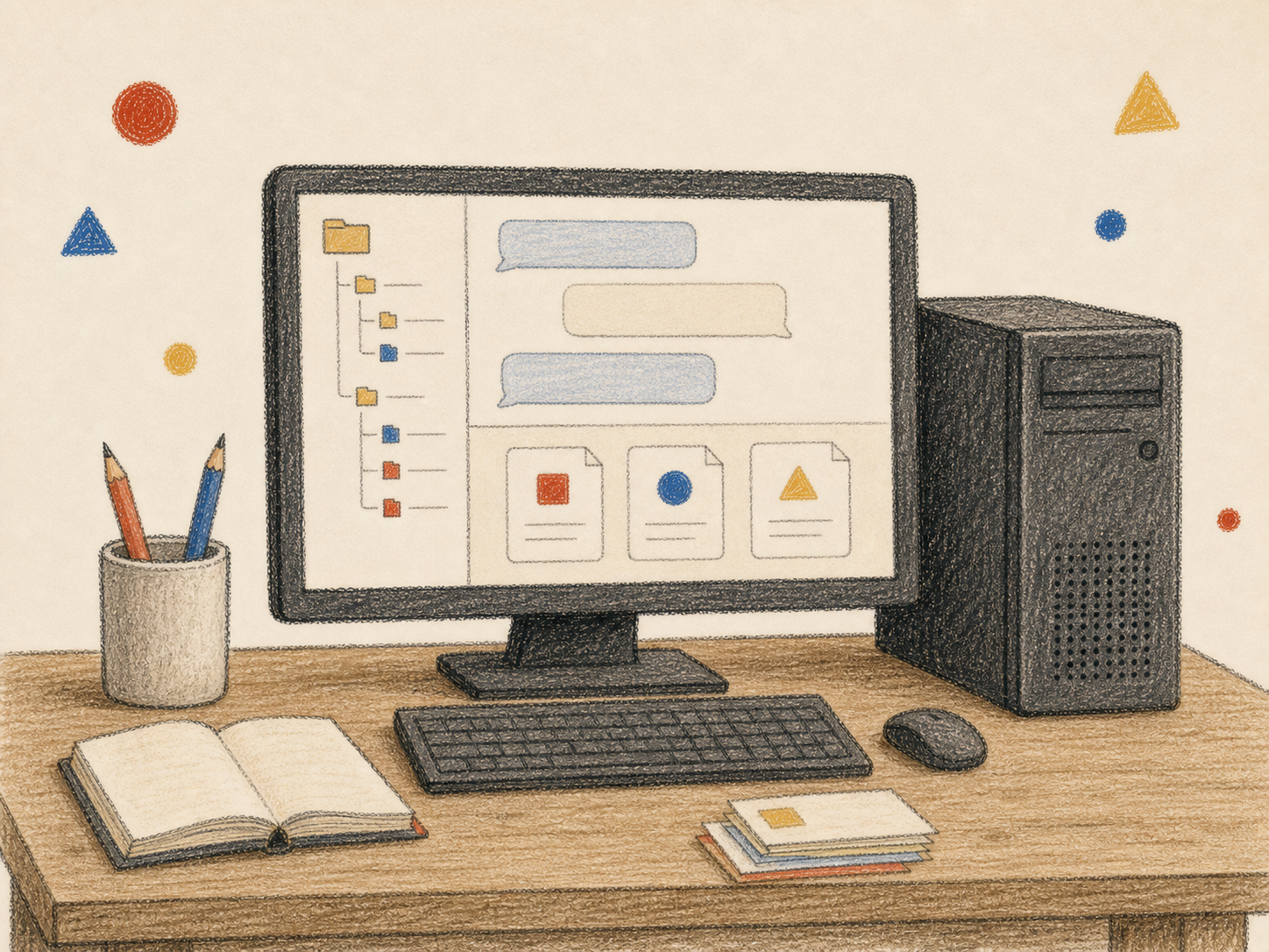 パソコン上でAIと対話し、考えを整理してファイルに残す工房のイラスト