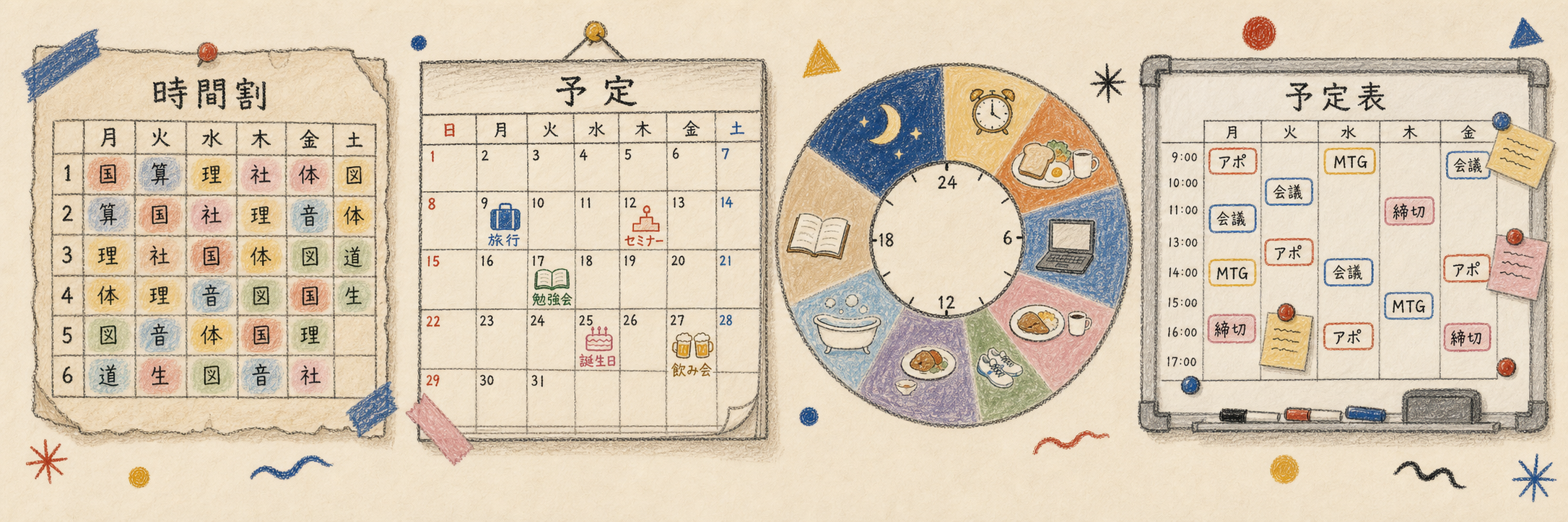 学校の時間割、月間カレンダー、一日の円形ルーティン、会社の予定表を並べたイラスト