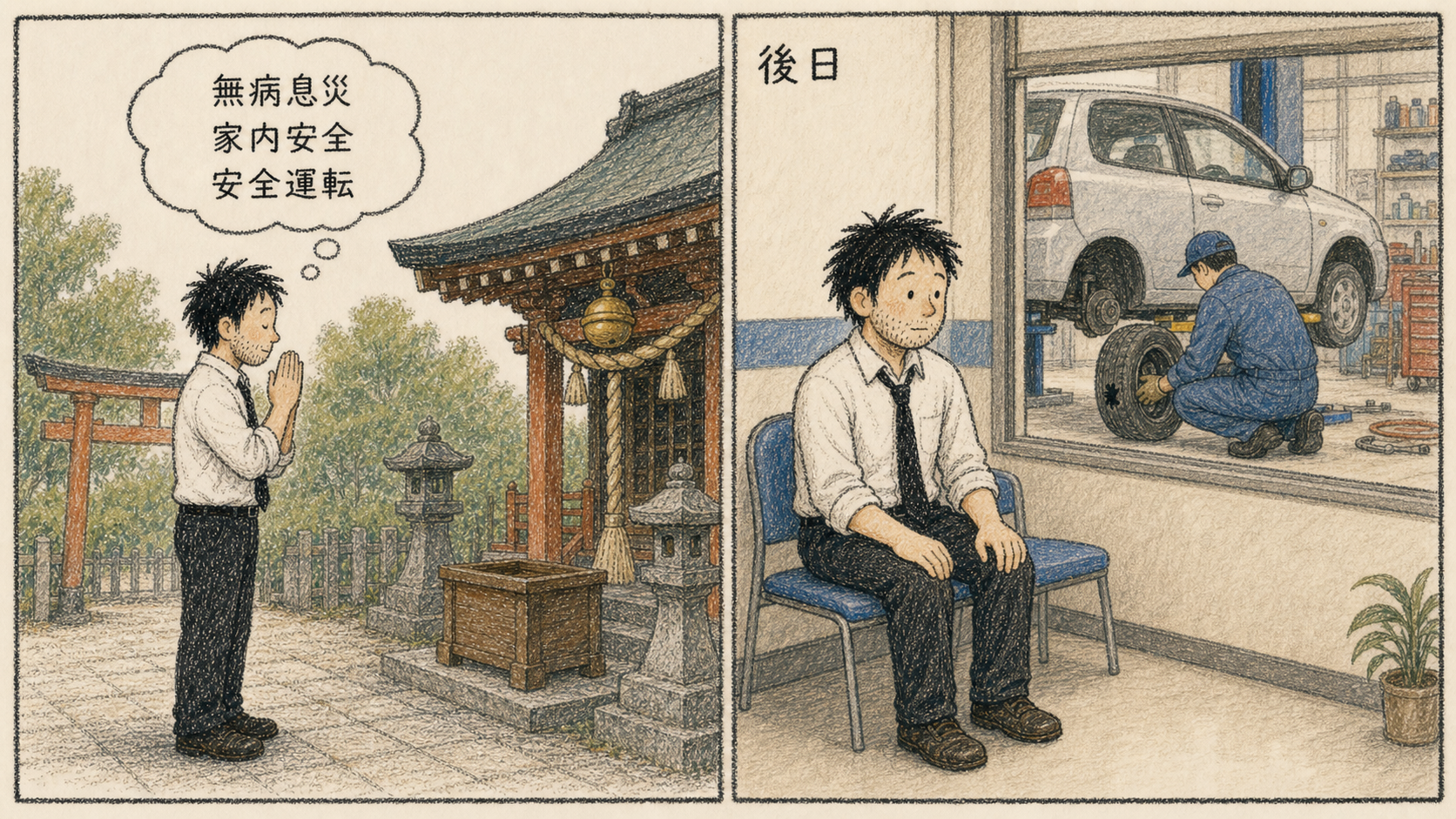 神社で安全を願い、後日、車屋でパンク修理を待つ2コマ漫画