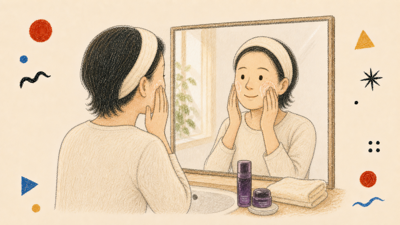 鏡を見ながらエンベリエをそばに置いてクレンジングする女性